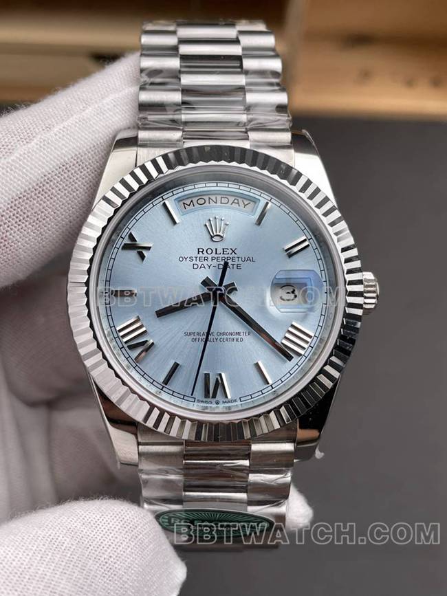 Rolex Top Replik Uhren RC Fabrik Woche Kalender 40mm Eisblau Platte 3255 Stahlband Modelle vorne echtes Bild