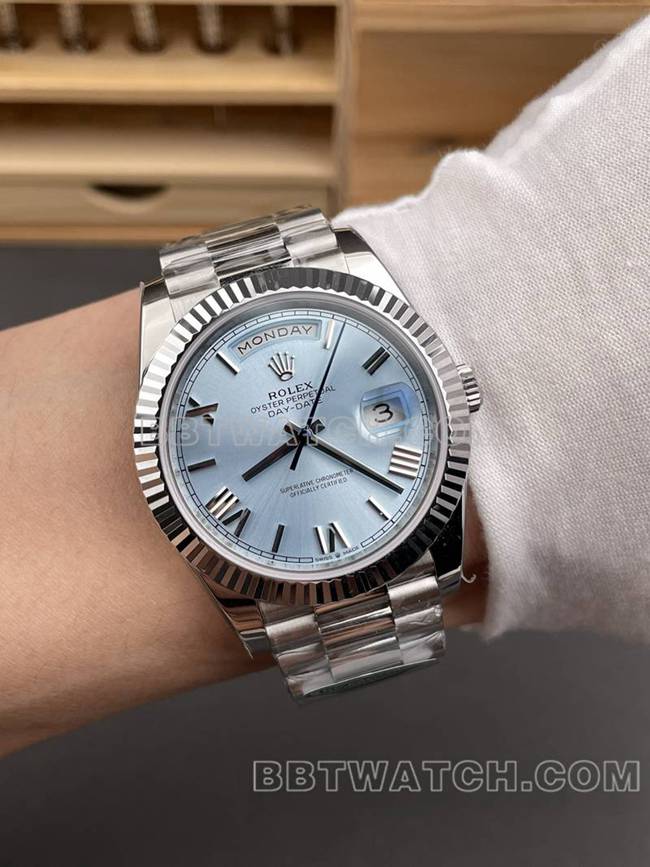 Rolex Top Replik Uhren RC Fabrik Woche Kalender 40mm Eisblau Platte 3255 Stahlband Modelle vorne echtes Bild