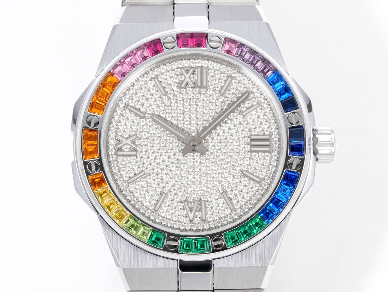 萧邦顶级复刻手表GH厂雪山傲翼41mm镶钻盘彩色蓝宝石圈钢带款正面实拍图