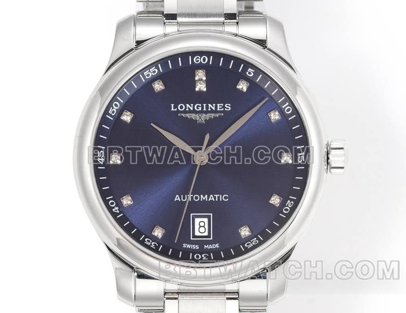 浪琴1:1复刻手表XC厂名匠蓝盘钻时标L888机械机芯钢带款正面实拍图