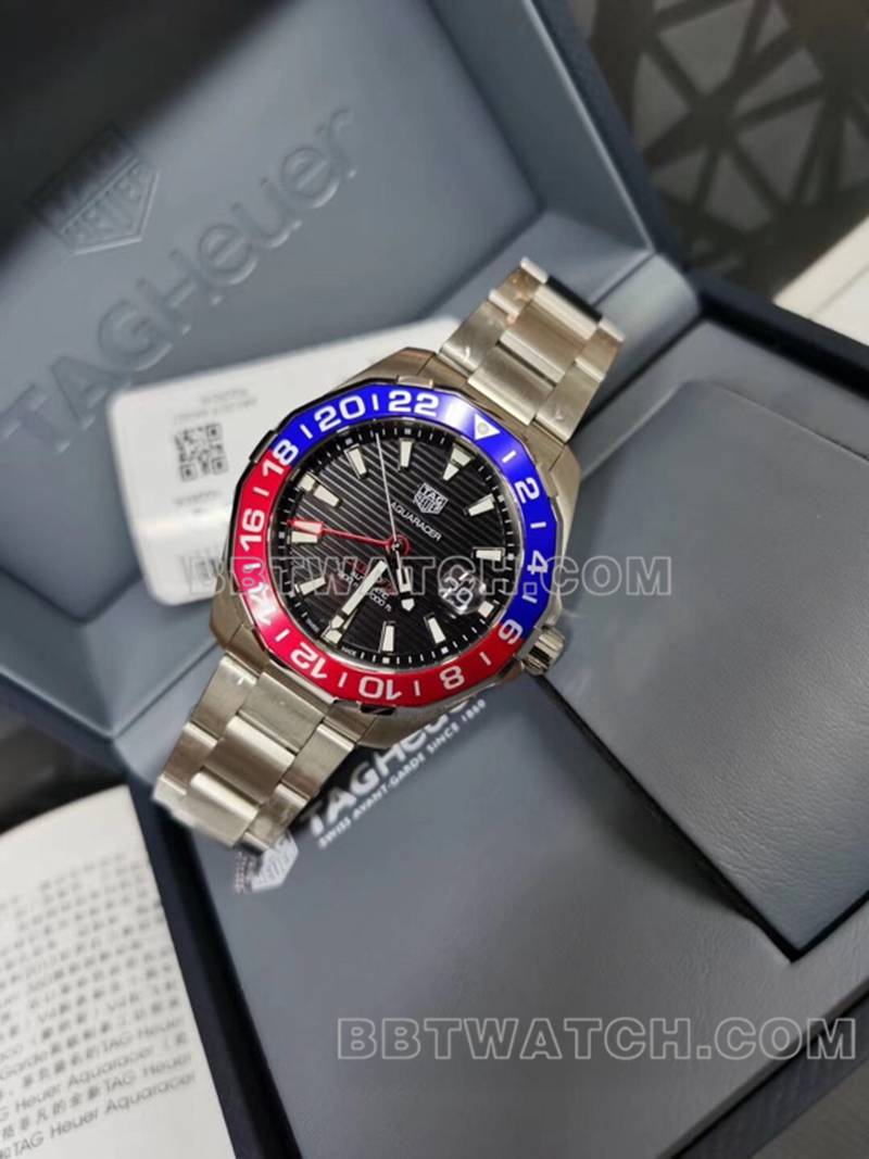 泰格豪雅顶级复刻手表竞潜43mm黑盘可乐圈机械钢带款正面实拍图