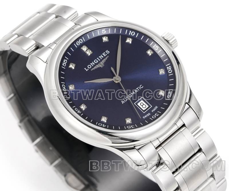 浪琴1:1复刻手表XC厂名匠蓝盘钻时标L888机械机芯钢带款正面实拍图