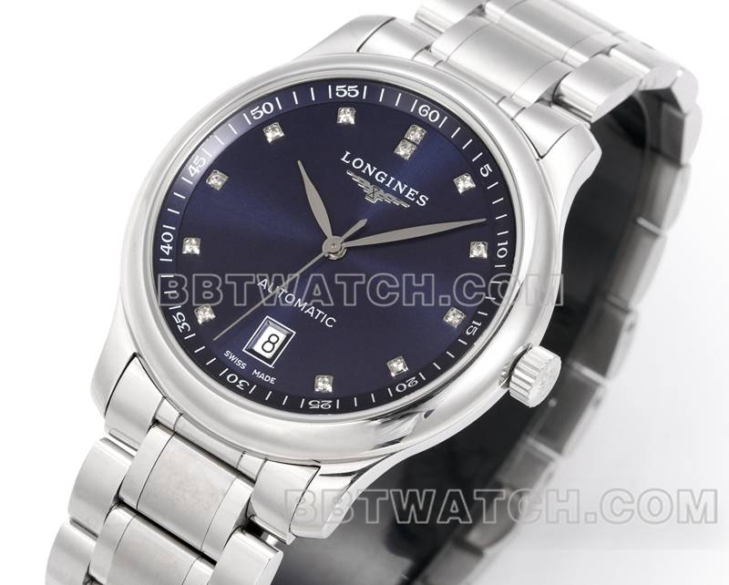 浪琴1:1复刻手表XC厂名匠蓝盘钻时标L888机械机芯钢带款正面实拍图