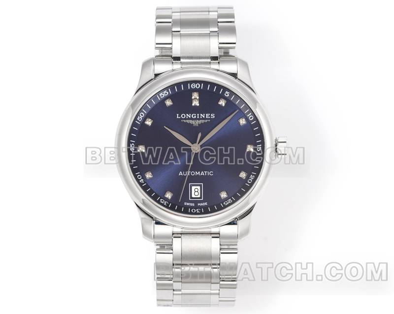 浪琴1:1复刻手表XC厂名匠蓝盘钻时标L888机械机芯钢带款正面实拍图