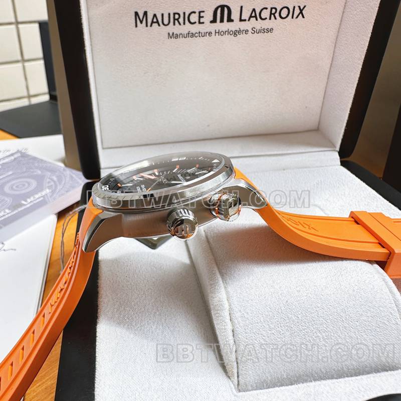 艾美顶级复刻手表原单奔涛S黑盘42mm机械橙色橡胶款侧面实拍图