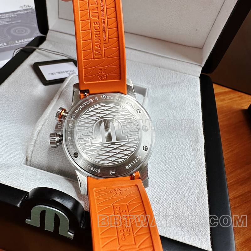 艾美顶级复刻手表原单奔涛S黑盘42mm机械橙色橡胶款背面实拍图