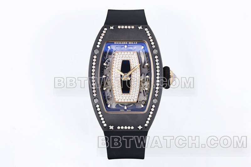 理查德米勒最优复刻手表ZF厂黑陶瓷镶钻机械手表RM07-1正面实拍图