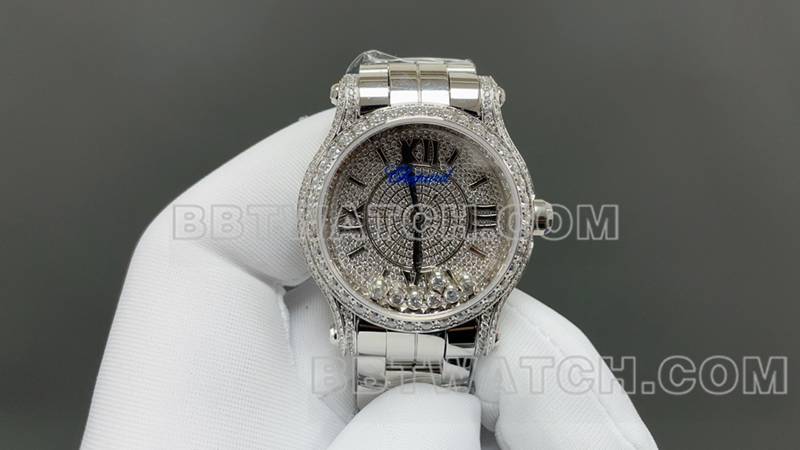 萧邦最优复刻手表YF厂快乐钻银色满天星2892机械机芯钢带款正面实拍图