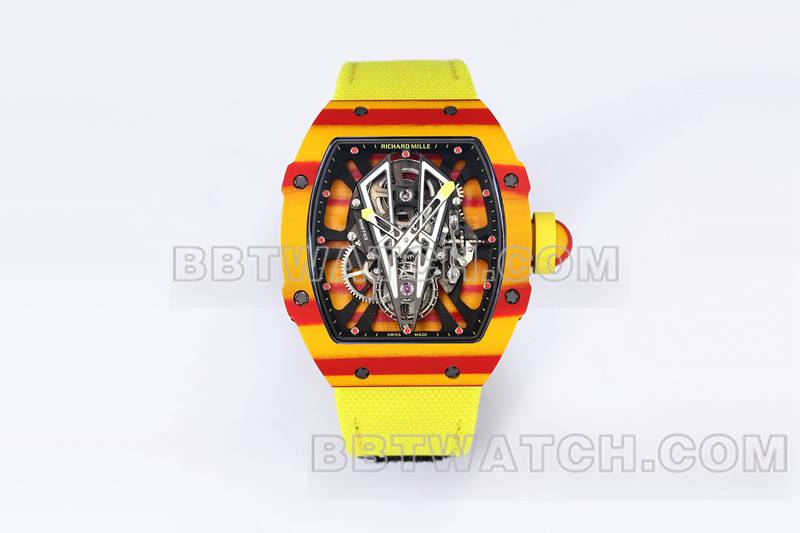 Richard Mille meilleures répliques de montres BBS factory tourbillon mécanique caoutchouc jaune bracelet velcro tissé RM27-03 avant photo réelle