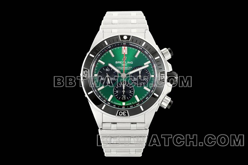 百年灵1:1复刻手表TF厂机械计时绿盘44mm钢带款正面实拍图