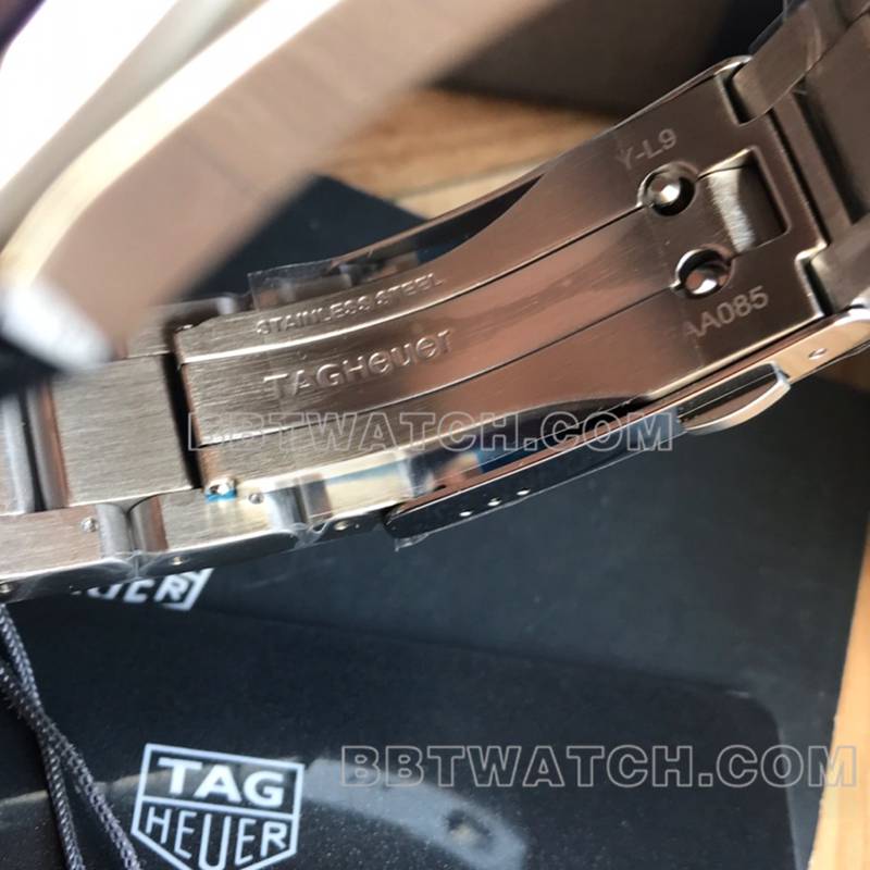 泰格豪雅最优复刻手表竞潜43mm蓝盘黑蓝圈机械钢带款表扣实拍图