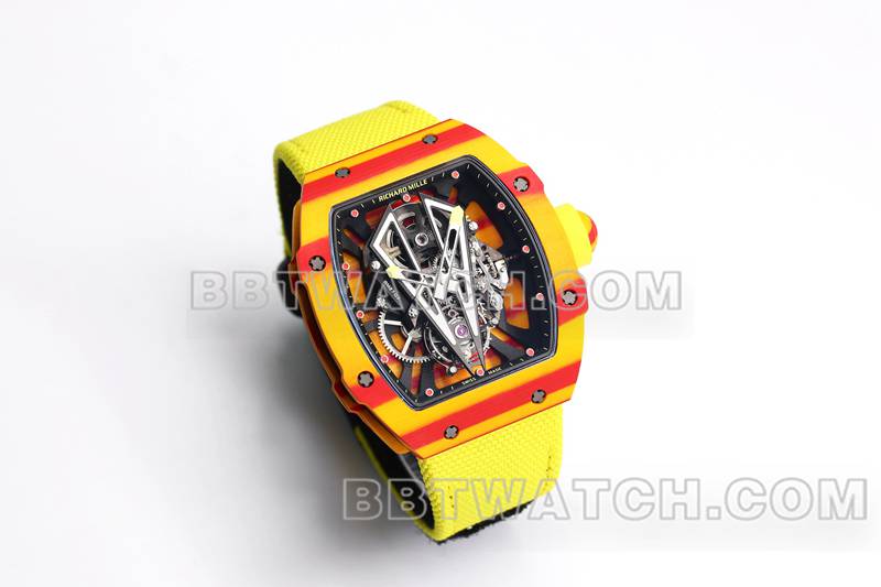Richard Mille meilleures répliques de montres BBS factory tourbillon mécanique caoutchouc jaune bracelet velcro tissé RM27-03 avant photo réelle