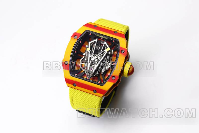 Richard Mille meilleures répliques de montres BBS factory tourbillon mécanique caoutchouc jaune bracelet velcro tissé RM27-03 avant photo réelle