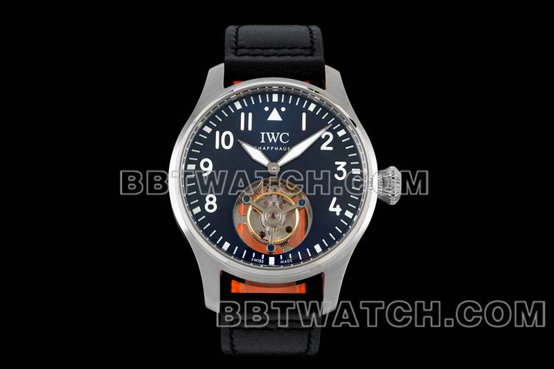 万国1:1复刻手表RMS厂飞行员蓝盘陀飞轮机械皮带款正面实拍图