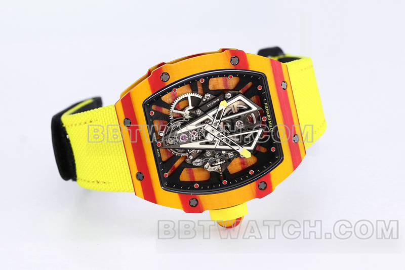 Richard Mille meilleures répliques de montres BBS factory tourbillon mécanique caoutchouc jaune bracelet velcro tissé RM27-03 avant photo réelle