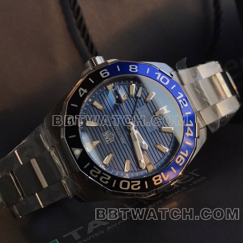 泰格豪雅最优复刻手表竞潜43mm蓝盘黑蓝圈机械钢带款正面实拍图