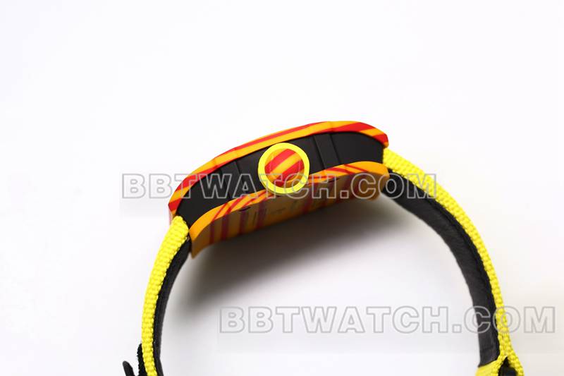 Richard Mille meilleures répliques de montres BBS factory tourbillon mécanique caoutchouc jaune bracelet velcro tissé RM27-03 côté photo actuelle