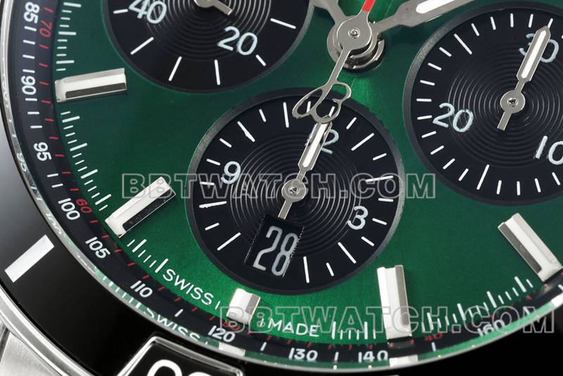 百年灵1:1复刻手表TF厂机械计时绿盘44mm钢带款正面实拍图