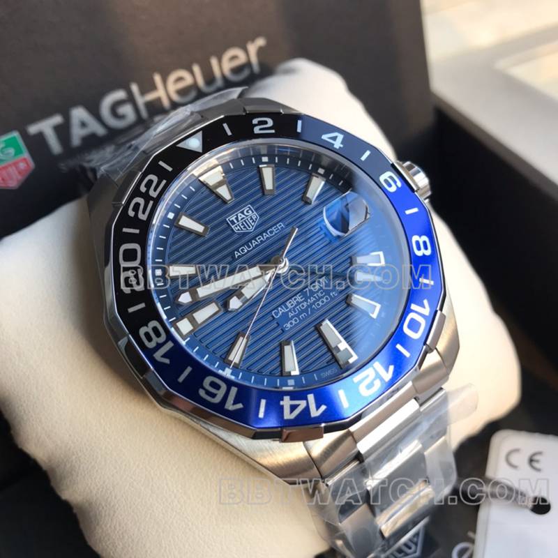 泰格豪雅最优复刻手表竞潜43mm蓝盘黑蓝圈机械钢带款正面实拍图