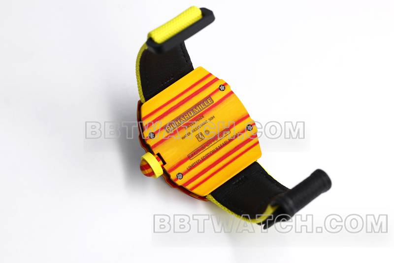 Richard Mille meilleures répliques de montres BBS factory tourbillon mécanique caoutchouc jaune bracelet velcro RM27-03 arrière photo réelle