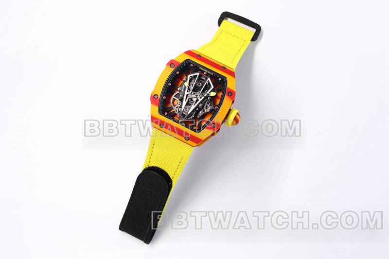 Richard Mille meilleures répliques de montres BBS factory tourbillon mécanique caoutchouc jaune bracelet velcro tissé RM27-03 avant photo réelle
