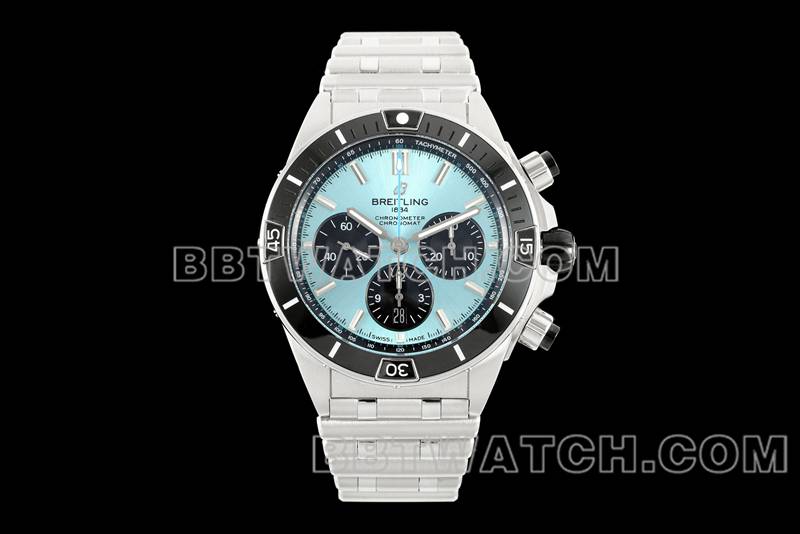 百年灵超级克隆手表TF厂机械计时浅蓝盘44mm钢带款正面实拍图