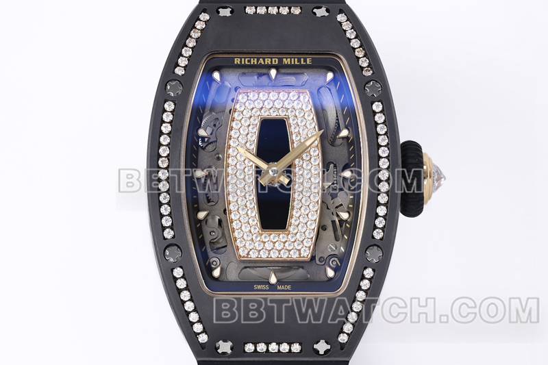 理查德米勒最优复刻手表ZF厂黑陶瓷镶钻机械手表RM07-1正面实拍图