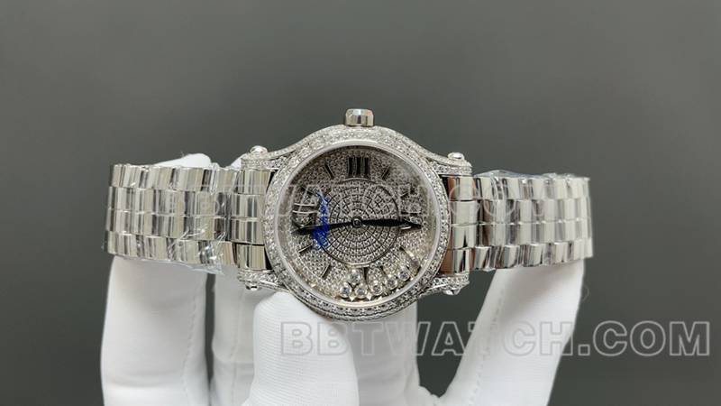 萧邦最优复刻手表YF厂快乐钻银色满天星2892机械机芯钢带款正面实拍图