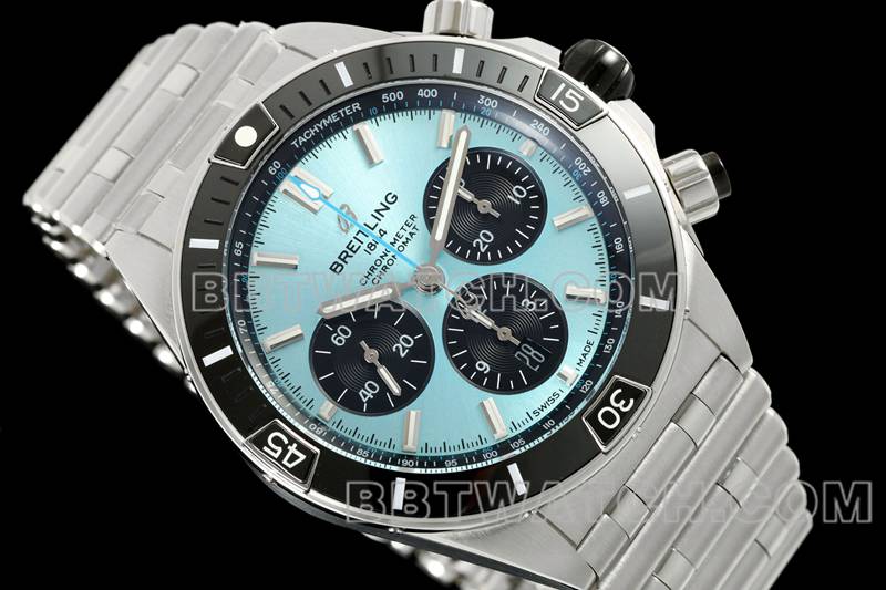 百年灵超级克隆手表TF厂机械计时浅蓝盘44mm钢带款正面实拍图