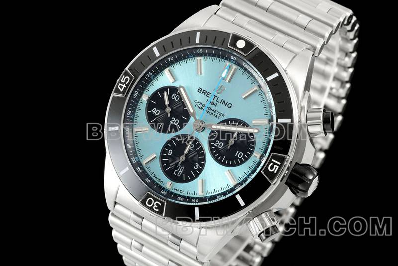 百年灵超级克隆手表TF厂机械计时浅蓝盘44mm钢带款正面实拍图