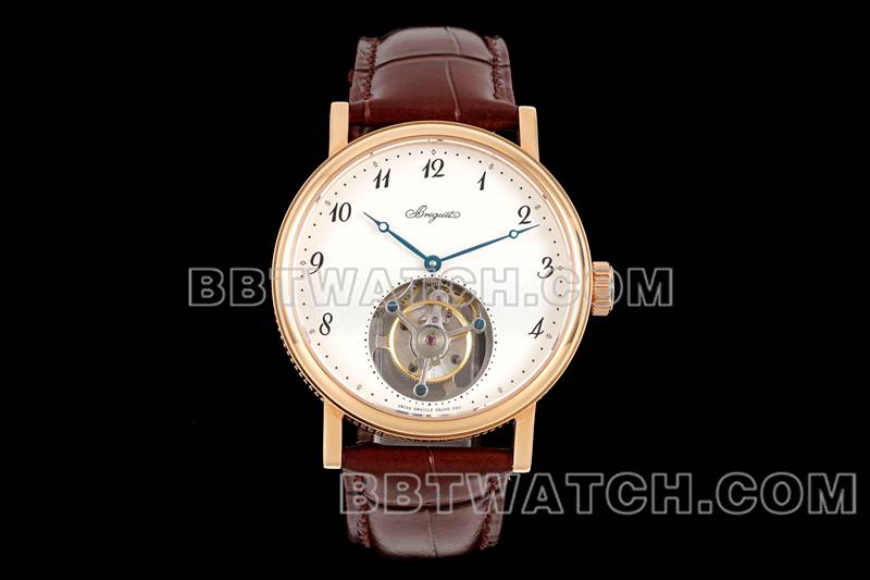 宝玑1:1复刻手表RMS厂经典白盘陀飞轮玫瑰金机械皮带款正面实拍图