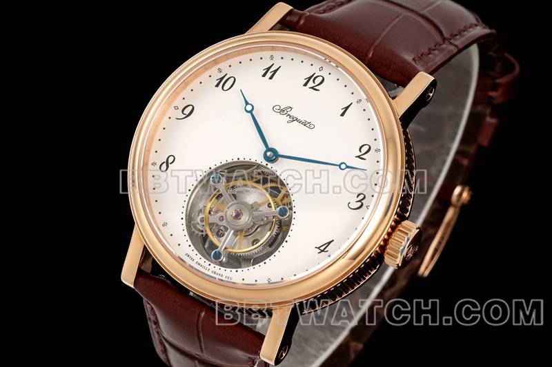 宝玑1:1复刻手表RMS厂经典白盘陀飞轮玫瑰金机械皮带款正面实拍图
