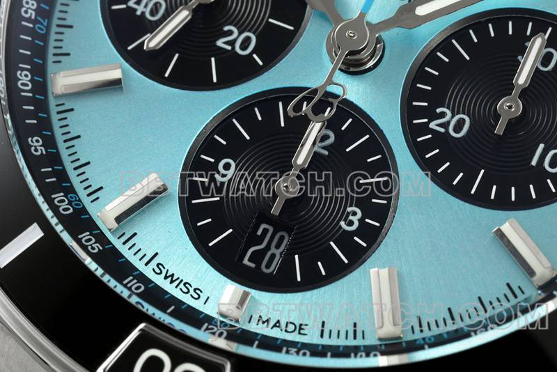 百年灵超级克隆手表TF厂机械计时浅蓝盘44mm钢带款正面实拍图
