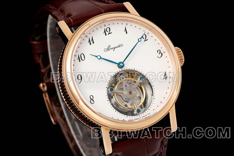 宝玑1:1复刻手表RMS厂经典白盘陀飞轮玫瑰金机械皮带款正面实拍图