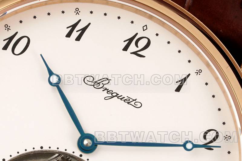 宝玑1:1复刻手表RMS厂经典白盘陀飞轮玫瑰金机械皮带款正面实拍图