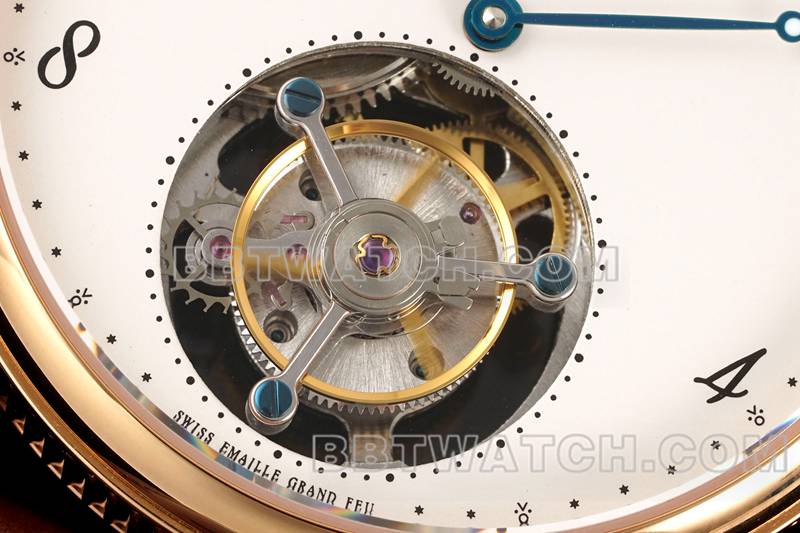 宝玑1:1复刻手表RMS厂经典白盘陀飞轮玫瑰金机械皮带款正面实拍图