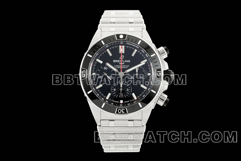 百年灵最佳复刻手表TF厂机械计时黑盘44mm钢带款正面实拍图