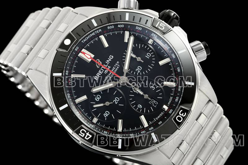 百年灵最佳复刻手表TF厂机械计时黑盘44mm钢带款正面实拍图