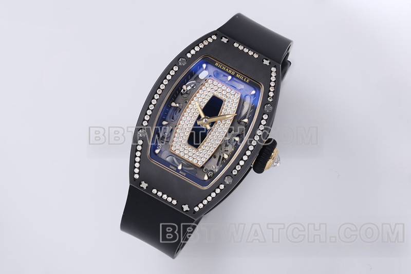 理查德米勒最优复刻手表ZF厂黑陶瓷镶钻机械手表RM07-1正面实拍图