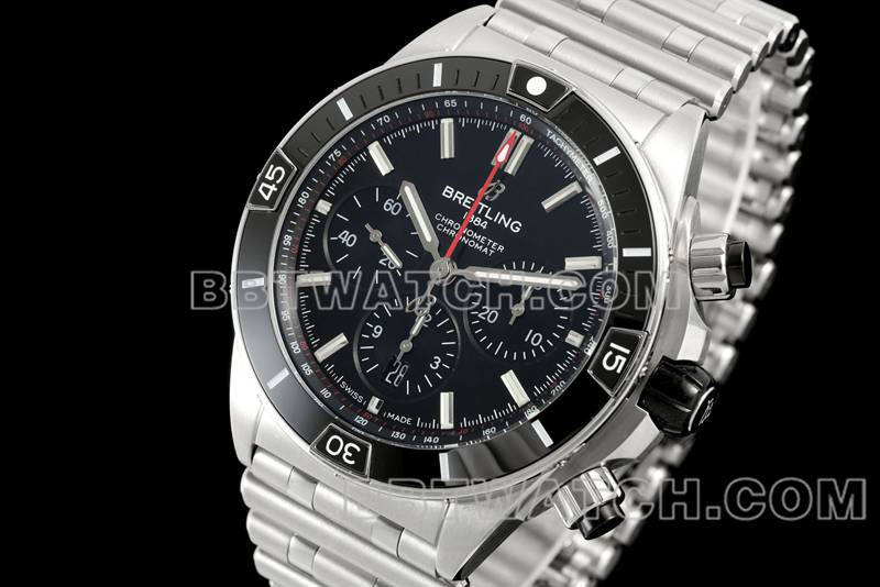 百年灵最佳复刻手表TF厂机械计时黑盘44mm钢带款正面实拍图