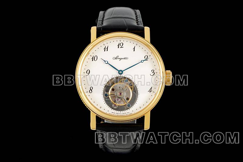 宝玑超级克隆手表RMS厂经典白盘陀飞轮黄金机械皮带款正面实拍图