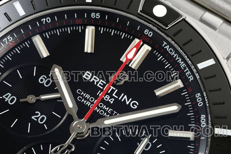 百年灵最佳复刻手表TF厂机械计时黑盘44mm钢带款正面实拍图