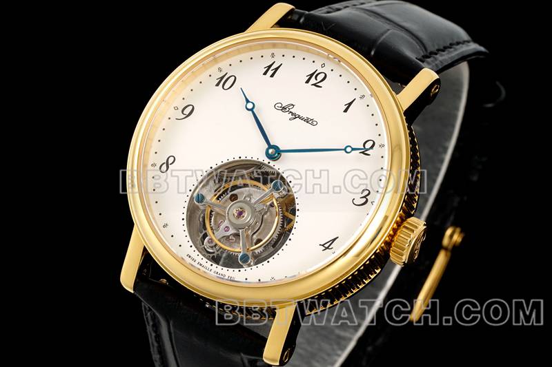 宝玑超级克隆手表RMS厂经典白盘陀飞轮黄金机械皮带款正面实拍图
