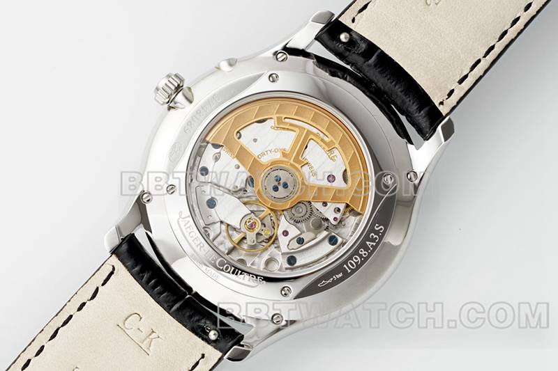 积家最优复刻手表APS厂超薄大师896机芯动力储备机械皮带款背面实拍图