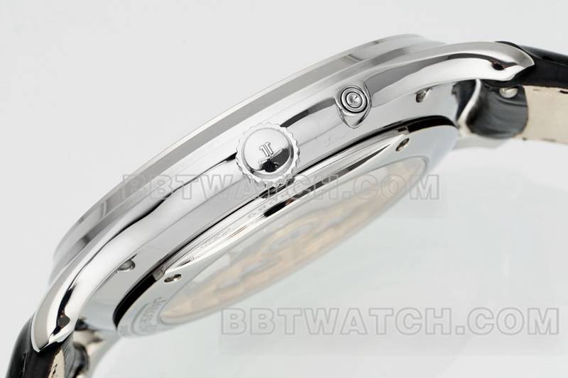 积家最优复刻手表APS厂超薄大师896机芯动力储备机械皮带款侧面实拍图