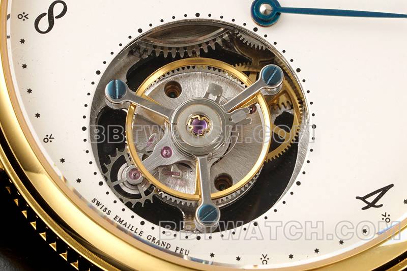 宝玑超级克隆手表RMS厂经典白盘陀飞轮黄金机械皮带款正面实拍图