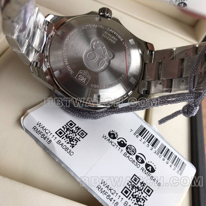 泰格豪雅顶级复刻手表竞潜条纹蓝盘41mm机械钢带款背面实拍图