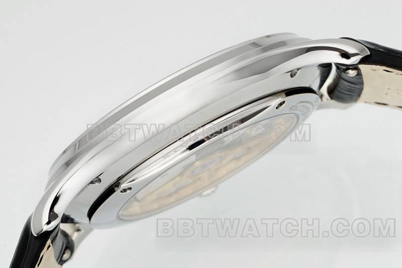 积家最优复刻手表APS厂超薄大师896机芯动力储备机械皮带款侧面实拍图