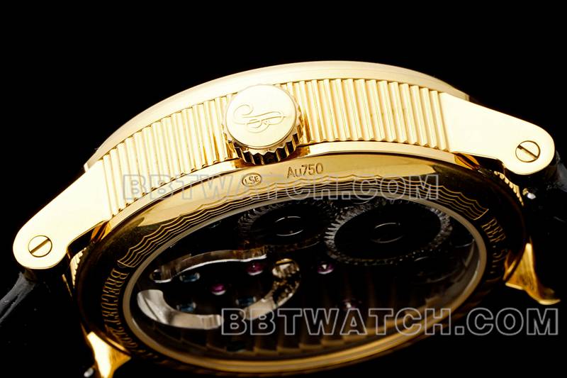 宝玑超级克隆手表RMS厂经典白盘陀飞轮黄金机械皮带款侧面实拍图