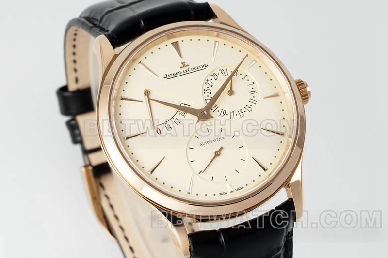 积家1:1复刻手表APS厂超薄大师玫瑰金896机芯动力储备机械皮带款正面实拍图